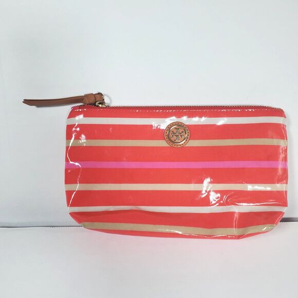 Tory Burch Handbags - Tory Burch Women’s Cosmetic Bag Poppy Red Striped Brigitte Case Zip Log 5x9.25"